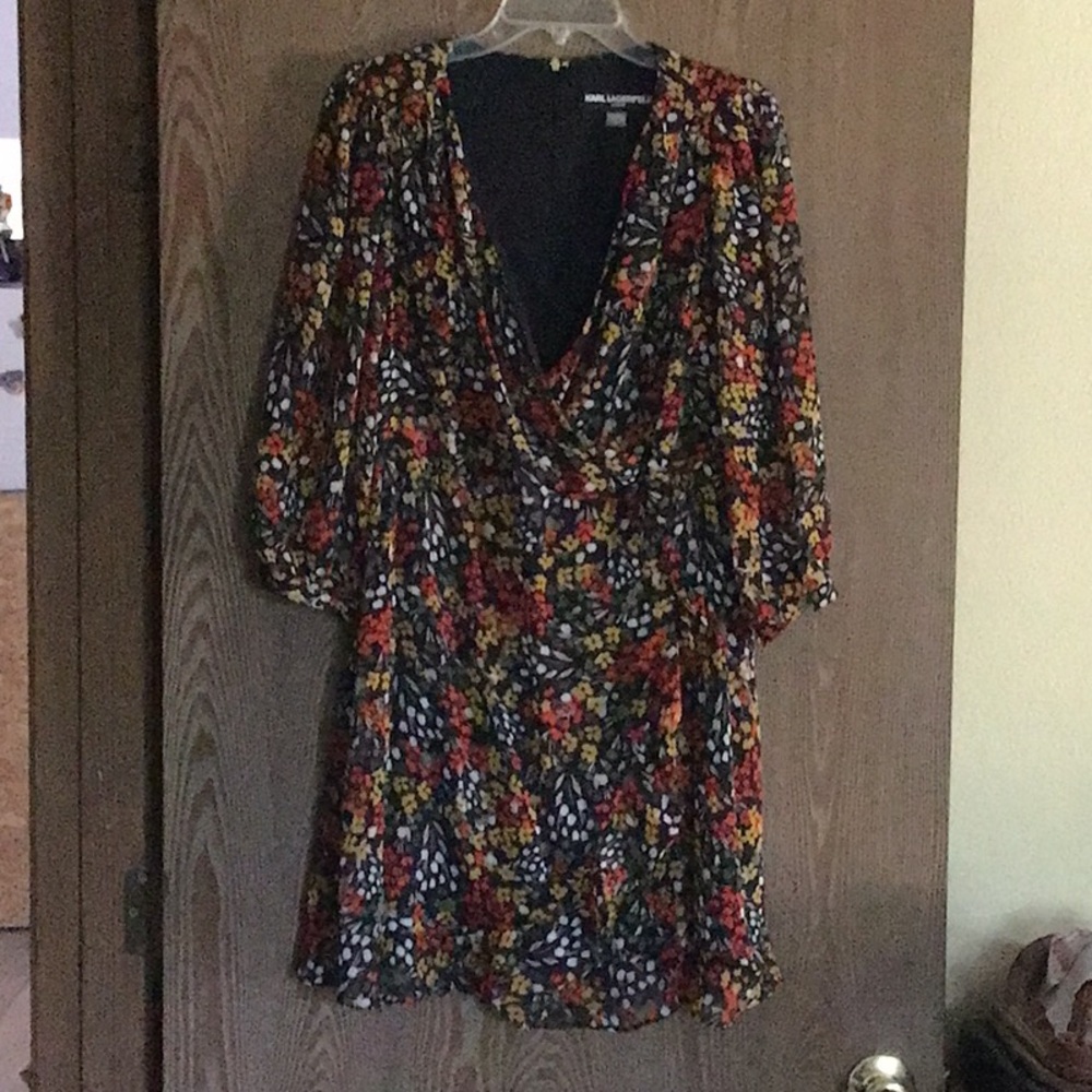 Karl Lagerfeld Black and Red Midi dress with Plunge Neckline and Bishop Sleeves